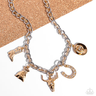 Cowboy Collection - Gold - Mixed Metal and White Rhinestone Western Charm Paparazzi Short Necklace - 2024 Empower Me Pink Exclusive