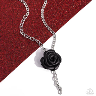 ROSE and Cons - Black - Leather Flower Silver Curb Chain Paparazzi Short Necklace - 2024 Empower Me Pink Exclusive
