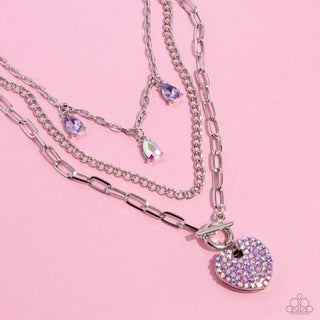 HEART History - Purple - Iridescent Rhinestone Encrusted Heart Tiered Paparazzi Short Necklace