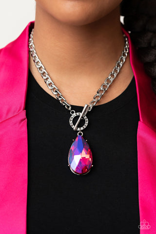 Edgy Exaggeration - Pink - Oversized Teardrop UV Gem Toggle Paparazzi Short Necklace - May 2023 Life of the Party Exclusive