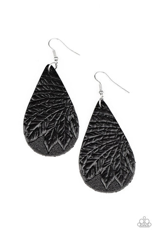 Everyone Remain PALM! - Black - Leaf Stamped Leather Paparazzi Fishhook Earrings