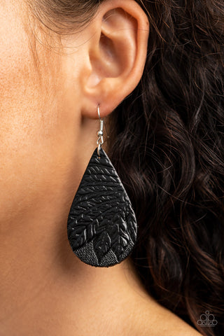 Everyone Remain PALM! - Black - Leaf Stamped Leather Paparazzi Fishhook Earrings