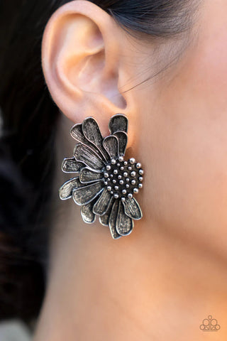 Farmstead Meadow - Silver - Half Flower Paparazzi Post Earrings - April 2022 Life of the Party Exclusive