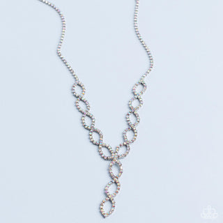 Infinitely Icy - Multi - Iridescent Rhinestone Twisty Y Paparazzi Short Necklace - September 2022 Life of the Party Exclusive