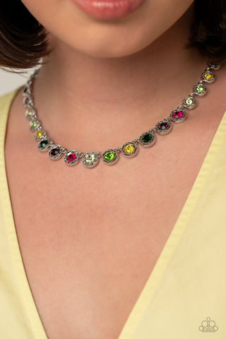 Kaleidoscope Charm - Multi - Rainbow Rhinestone Square Frame Paparazzi Short Necklace - May 2023 Life of the Party Exclusive