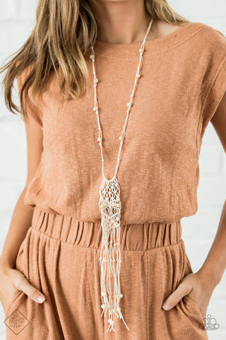 Macrame Majesty - White - Knotted Cord Paparazzi Long Necklace - November 2020 Sunset Sightings