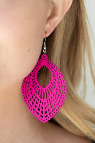 One Beach at a Time - Pink - Wooden Paparazzi Fishhook Earrings