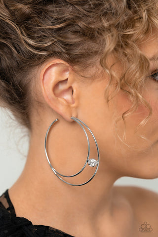 Theater HOOP - White - White Gem Oversized Paparazzi Hoop Earrings - May 2023 Life of the Party Exclusive