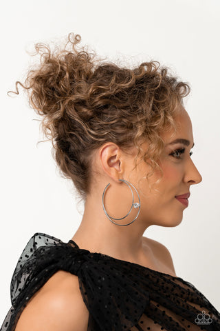 Theater HOOP - White - White Gem Oversized Paparazzi Hoop Earrings - May 2023 Life of the Party Exclusive