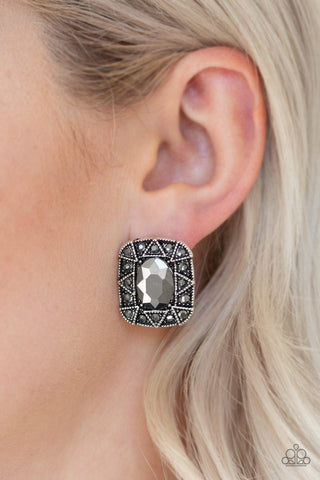 Young Money - Silver - Oval Hematite Rectangular Frame Paparazzi Post Earrings