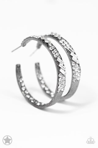 Glitzy By Association - Gunmetal - White Rhinestone Paparazzi Hoop Earrings