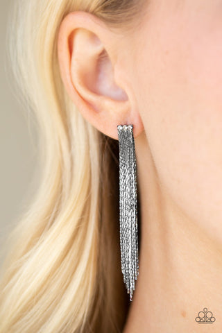 Night at the Oscars - Black - Flat Gunmetal Tassel White Rhinestone Paparazzi Post Earrings - February 2019 Life of the Party Exclusive