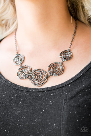 Rosy Rosette - Black - Gunmetal Flower Paparazzi Short Necklace