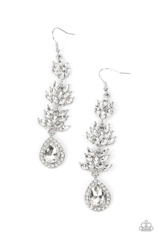 Water Lily Whimsy - White - Rhinestone Floral Teardrop Paparazzi Fishhook Earrings - February 2023 Life of the Party Exclusive