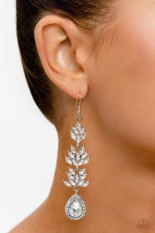 Water Lily Whimsy - White - Rhinestone Floral Teardrop Paparazzi Fishhook Earrings - February 2023 Life of the Party Exclusive