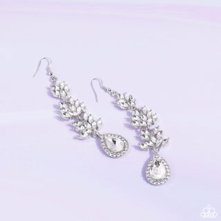 Water Lily Whimsy - White - Rhinestone Floral Teardrop Paparazzi Fishhook Earrings - February 2023 Life of the Party Exclusive